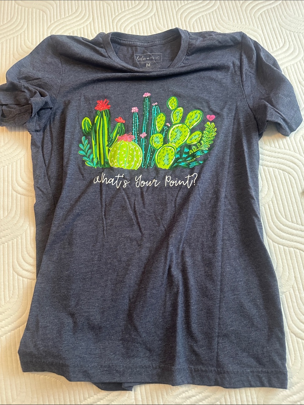 Ulu Dark Blue Short Sleeve Tee with Bright Green & Pink Cactus Print